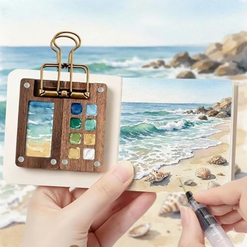 Mini Watercolor Paint Set, Portable Artist Watercolor Travel Kit with 12 Color, 8 Grids Pocket Wooden Palette, Sketchbook, Brush for Artists, Painters, Students