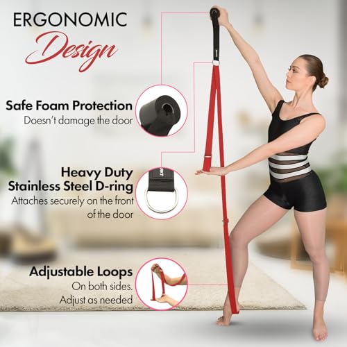 Stretching Strap with Door Anchor for Splits and Flexibility Training | Improve Leg Flexibility at Home, Ideal for Ballet, Dance, Cheerleading, Yoga, Pole Dance and Gymnastics - color: Red