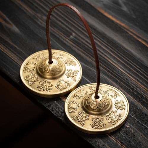 Tibetan Meditation Bell, Brass Tingsha Cymbals with Cloth Bag - size: Eight Symbols