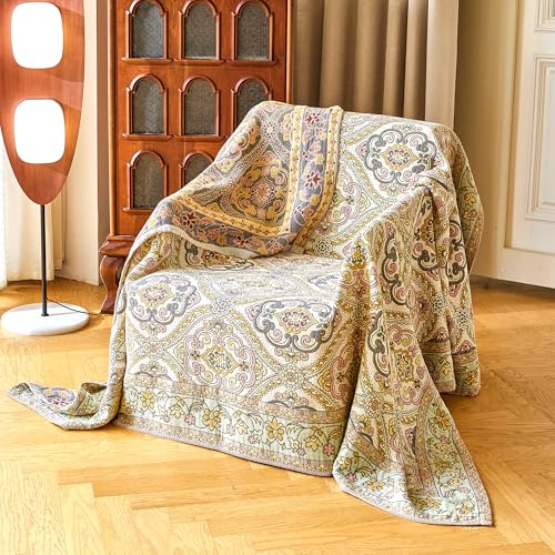 VANJOROY Boho Throw Blanket for Bed Couch 50" x 60", 100% Organic Cotton Skin-Friendly Ultra Soft Quilt Throw - Floral Rustic Living Room Decor Luxury Reversible Blanket for Sofa Chair and Gift - color: Boho-flower-g, size: Throw (50" X 60")