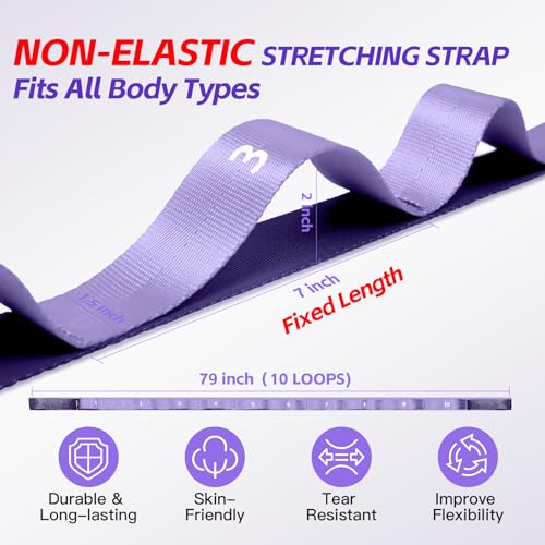Non Elastic Stretching Strap with Loops - Yoga Straps for Physical Therapy, Durable Stretch Bands for Exercise, Flexibility Training, Hamstring & Leg Stretcher, Yoga/Pilates/Gymnastics - color: Purple
