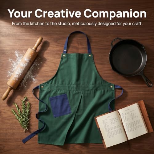 Kitchen Apron with Pockets for Adults,Waterproof Cooking Aprons for Women/Men,Baking/Grilling,Green/Orange/Wine Red - color: Green, size: round neck