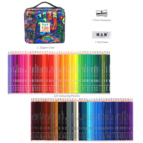 H & B 120PCS Colored Pencils for Adults with Zipper Case, Soft Core Oil-Based Drawing Pencils for Adult Coloring, Professional Art Supplies for Artists - size: 120, style: 3-Letter (Basic)