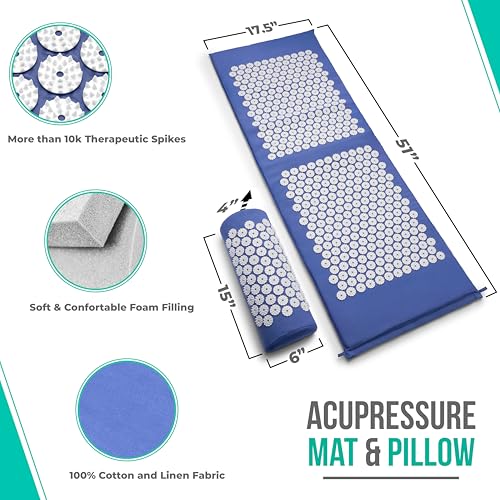 Sivan Acupressure Mat & Pillow Set for Back & Neck (XL, Blue/White) | Grounding for stress and pain, acupuncture-point massage, muscle relaxation, sciatica and meditation; includes carry bag. - color: Blue/White, size: XL