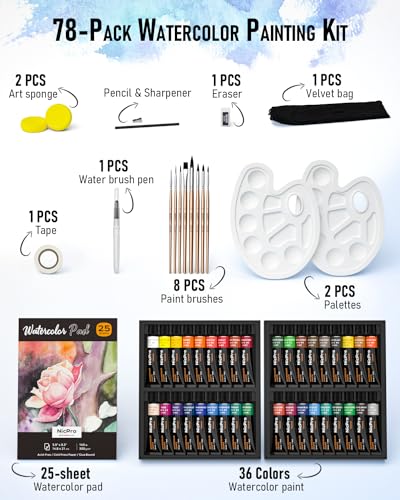 Nicpro 36 Colors Watercolor Paint Set (12ml/0.4oz Tube) for Adults, Artist | Water Color Tube Set with 25 Watercolor Paper Book, 8 Squirrel Paint Brushes, Water Brush Pen, Palette, Painting Supplies - color: 36 Colors