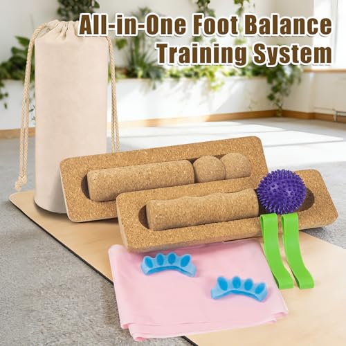Cork Balance Board for Adults, Foot & Ankle Strengthener Balance Trainer with Cork Roller, Spiky Massage Ball, Toe Correctors & Stretch Strap, Foot Balance Board Set for Mobility, Stability & Functional Training