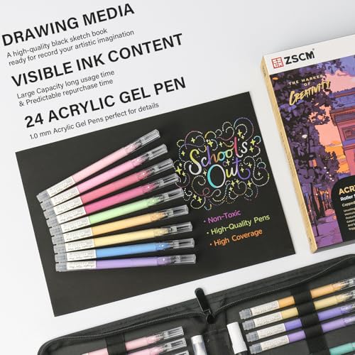 ZSCM 24 Colors 3D Acrylic Gel Pens & Black Paper Sketchbook for Drawing | 1mm Fine Point Acrylic Ink Pen, Opaque Archival Bright Ink Pens for Black Paper Drawing, Sketching, Illustration, Card Making - color: 24 Packs-Dull