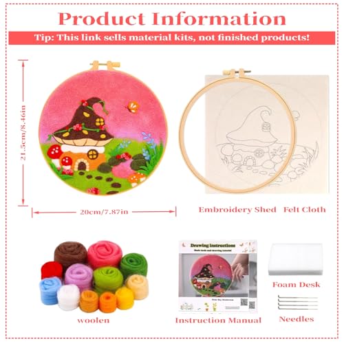 Wonafa DIY Wool Needle Felt Starter Kit, Beginner Needle Felt Kit with Wool Felt Bag, Felts Needles, Photo Frame, Foam Mat, Felts Cloth and Instructions for Home Decor, Art Crafts (Mushroom Castle) - color: Mushroom Castle