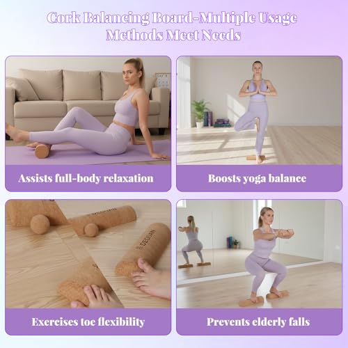 Cork Balance Board with Resistance Bands, 4-in-1 Foot Strengthener & Ankle Stability Trainer, Non-Slip Foot Training Kit with Massage Roller & Ball for Home Workouts, Yoga, Runners, Office Breaks, Travel, Physical Therapy & Fitness Enthusiasts