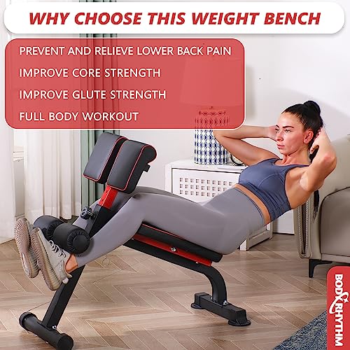BODYRHYTHM Compact Adjustable Weight Bench for Full Body Strength Training, Ab/Back Hyper Roman Chair, Adjustable Ab Sit up Bench, Incline Decline Bench, Flat Bench, Hyperextension Bench, Back Extension Machine - color: Black