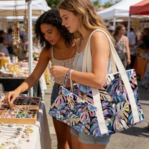 IAXIC Waterproof Tote Bag and Wet Bag Set, Summer Pattern Design for Beach Travel Gym Holiday Gifting - color: Gold Monstera Leaf Print