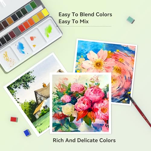 24 Colors Solid Watercolor Paint Set, Vibrant and Highly Pigmented Colors, Removable Pans and Built-in Palette, Portable Metal Case for Students, Beginners, and Outdoor Sketching - style: 24 Colors Watercolor