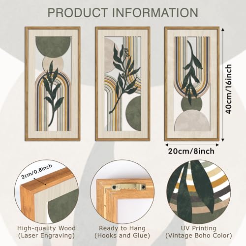 HPNIUB 3 PCS Minimalist Sage Green Wall Decor, Boho Geometric Line Hanging Wood Sign for Living Room, 8x16Inch Modern Bohemian Botanical Leaf Wooden Plaque for Apartment Bedroom Office Decoration - color: Sage Green Wooden Wall Art