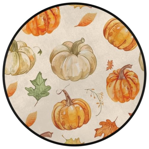 Autumn Pumpkin Leaves Round Area Rug 5Ft Thanksgiving Harvest Circle Carpet - color: Pumpkin Leaves, size: 5 ft