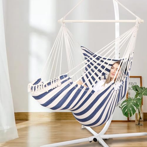 Chihee Hammock Chair Foot Rest 2 Cushions Max 485 lbs Metal Spreader Bar | Robust Hanging Chair Soft Cotton Blended Swing Collapsible Easy Storage Strong Strap Iron Carabiner Pocket Indoor Outdoor - color: Blue/White Stripes