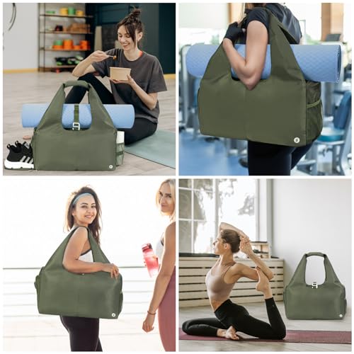 Sportsnew Tote Yoga Mat Gym Bag 20L Women W/Shoe Compartment Wet Dry Pocket | Water-Resistant Gym Tote - Mat Strap, Ventilated Shoe Bin, Wet Pocket, Padded Handle, Multi Pockets, Side Mesh & Key Clip - color: Army Green