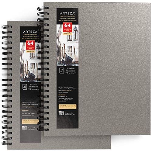 ARTEZA Watercolor Sketchbook 2-Pack, 9x12 Inches – 64 Pages Each, Spiral-Bound 140 lb Cold Press Paper, Gray Hardcover Journal for Mixed Media - color: Gray, size: 9x12 inch - 2 pack