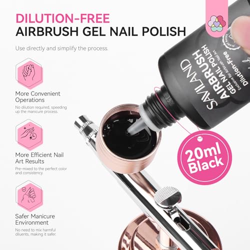 SAVILAND Hema-Free Airbrush Gel Nail Polish Black Gel Nail Polish 20ML | Dilution-free Airbrush Paint for Nails,No Clogging, Non-Acetone, High Pigmented Colors Airbrush Polish, Ombre French Nail - color: Black