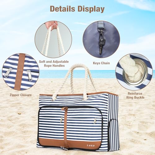 Beach Bag for Women - 35L Large Tote Bag, Waterproof & Sandproof, Zippered Carry On Bag for Pool, Beach & Travel - color: Striped