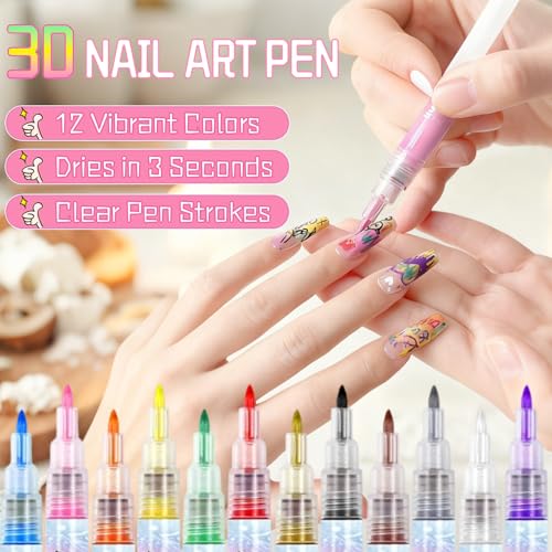 12 Colors Nail Art Pens Set,2026 Upgraded Nail Art Markers for Gel Nails,Quick Dry Long Lasting Nail Polish Pen,DIY 3D Drawing Dotting Painting Nails Liner Brush for Dotting Painting Home Use (A) - color: A