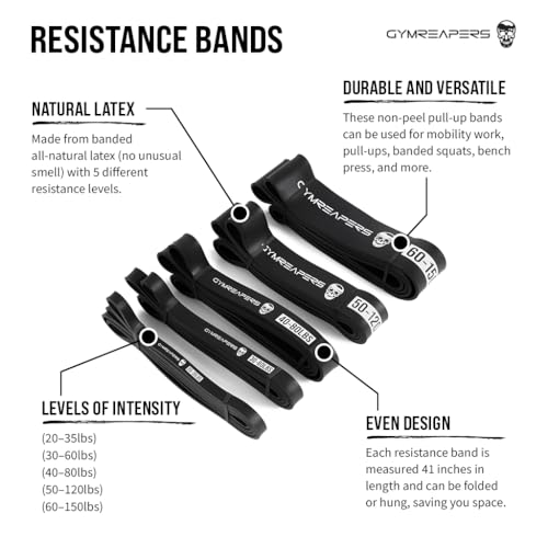 Gymreapers Resistance Bands for Working Out – Elastic Pull Up Exercise Assistance Bands Set for Powerlifting, Stretching, WOD, Strength Training – for Men & Women - color: 5 Bands - Black Set