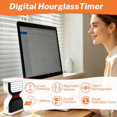Pomodoro Timer for Productivity, Visual Digital Hourglass Timer | 5/25Min Preset, Custom Countdown Count-up, On/Off, Loud Alarm Mute, Rechargeable Flip Timer for ADHD Tool Study Work Kitchen - color: White