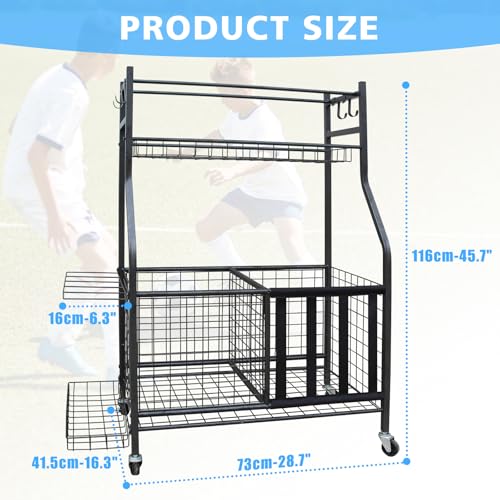 Sports Equipment Garage Organizer, Garage Ball Storage Rack with Basket, Hooks and Rolling Cart for Sports Gear and Toy Storage, Heavy Duty Ball Holder Indoor/Outdoor Use