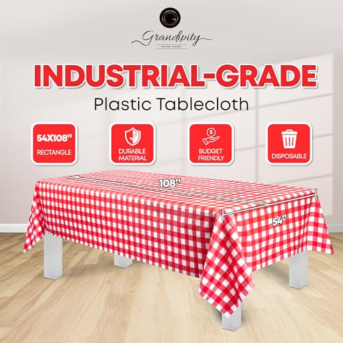Grandipity Plastic Table Cloth Disposable 12 Pack 54” x 108” Rectangle | Red Gingham Plastic table covers, durable disposable tablecloths, fade and tear-resistent table cover for party, event - color: Red Gingham Checkered, size: 54in. x 108in. Rectangle
