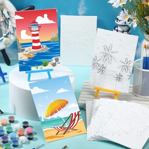 Blosssound 10 Set Pre Printed Canvas Pre Drawn Canvas Painting with Easel Kits 5" x 7" Outline Painting Panels for Beginners, DIY Craft Project, Home Decors(Summer) - style: Summer