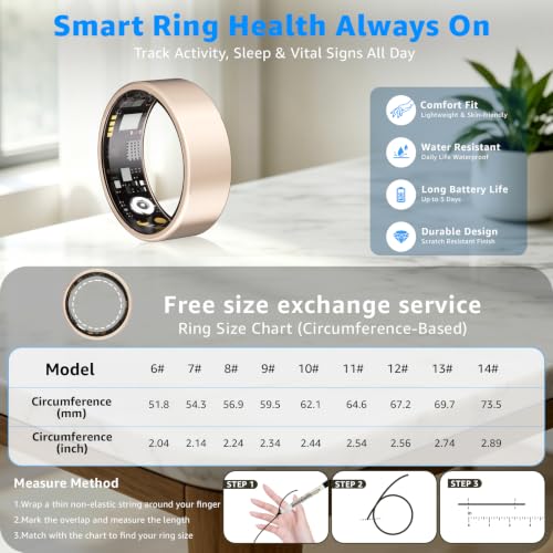 Smart Ring No Subscription, Health Tracker Ring for Women (Rose Gold,6#) | Tracker Sleep, Blood Oxygen, Heart Rate, SpO2, HRV Stress, Step Counter, IP68 Waterproof, Compatible with iOS & Android - color: Rose Gold, size: 6#