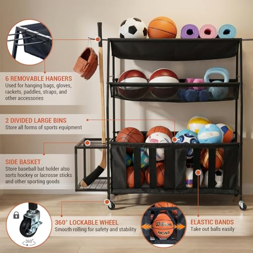 MyGift 3 Tier Sports Equipment Organizer Rolling Ball Storage Rack w/Hooks