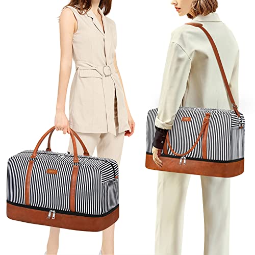 IBFUN Weekender Bags for Women, 21" Weekender Travel Bag, Travel Duffle Bag with Shoe Compartment Carry on Overnight Duffel Bag for Weekend Travel Business Trip, 3PCS - color: A2-Polyester-Black Stripe