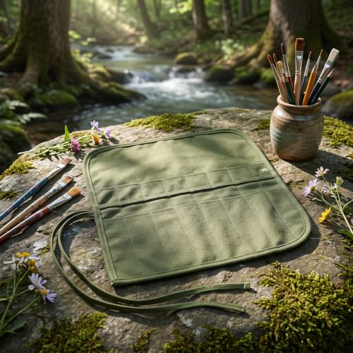 16 Slots Paint Brush Case Storage for Acrylic Oil Watercolor Paint Brush Holder Roll Up Case Storage Gouache Brushes Canvas Pouch