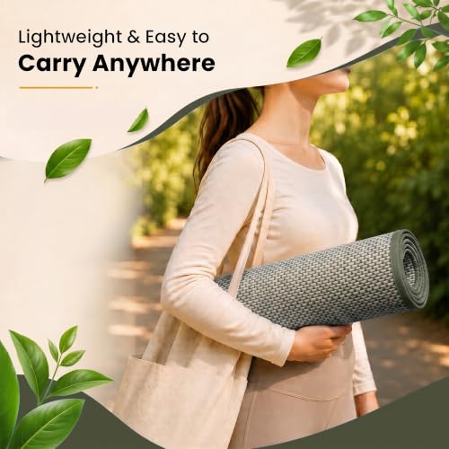 LFH Home Handmade Straw Yoga Mat For Exercise, Workout, Fitness - Perfect Heavy Quality Eco Friendly Natural Straw Reversible Yoga Mat for Men & Women - 72x24 Inch - color: Military Green