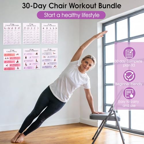 Karlaris 30 Day Chair Yoga Chart Posters Set, 6-Pack | Workout Charts with Black Marker, Stretching & Gentle Seated Exercise Chart, Office Yoga Poses, Senior Exercise Guide