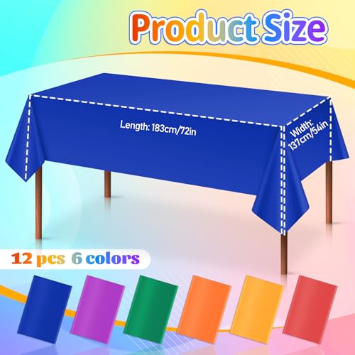 12Pcs Plastic Table Cloth Disposable Assorted Color Rectangle Tablecloth Solid Color Waterproof Spillproof Disposable Plastic Table Cover for Wedding Birthday Picnic Graduation Party, 54 x 72 Inch