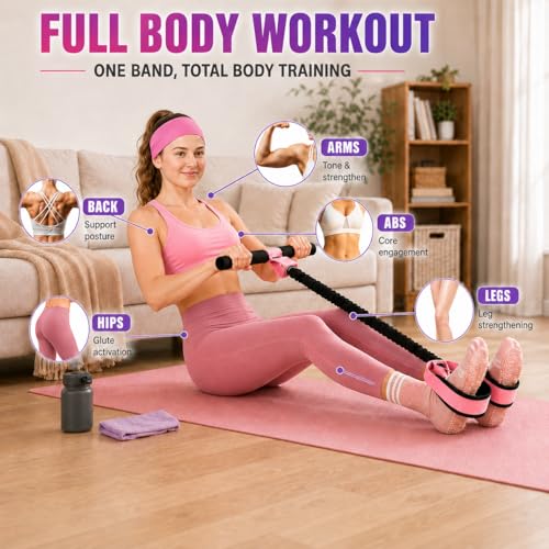 Sit Up Pedal Resistance Band, Upgraded Stitched Core Workout Equipment, 3-in-1 Anti-Snap Pull Rope Stretching Kit with Non-Slip Yoga Socks & Sports Headband - color: A-Pink, size: 75LB