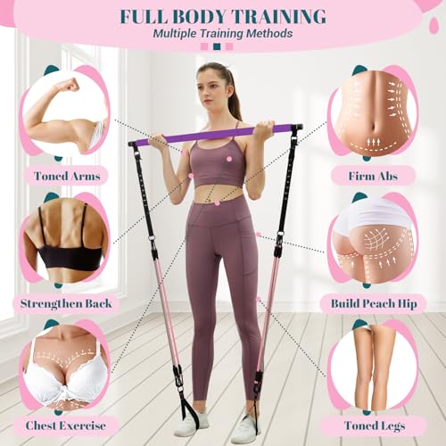 Pilates Bar Kit with Resistance Bands, Multifunctional Yoga Pilates Kit - color: Purple