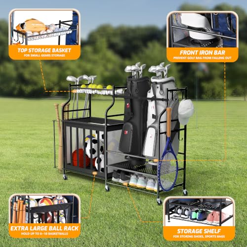 PLKOW Rolling Ball Storage Rack and Sports Equipment Organizer, Black | Stores 8–10 balls, 2 golf bags, shoes, helmets, and sports gear with baskets and lockable swivel wheels. - color: Black, 56.2"Lx15.4"Wx37.2"H