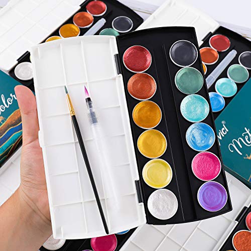 Dyvicl Metallic Watercolor Paint Set, 12 Shimmer Colors with Water Brush, Glitter Watercolors for Painting, Illustrating, Card Making, Coloring Books
