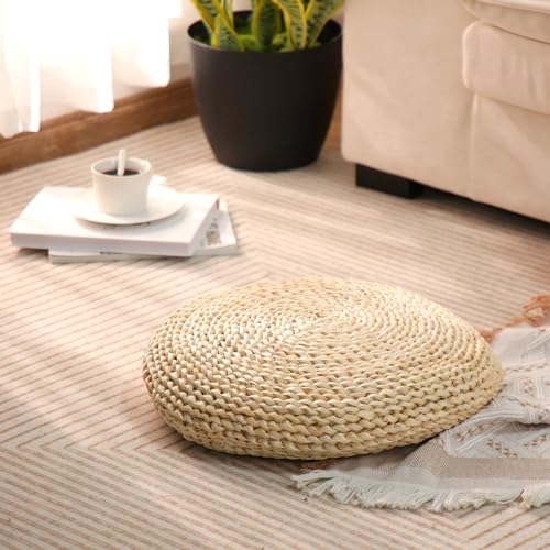 Barydat 6 Pcs Floor Cushions Round Large Pillow Seating Meditation Floor Pillow Boho Natural Woven Seat Cushion Japanese Tatami Cushion for Yoga Room Balcony Chair Pad, 15.75 Inch