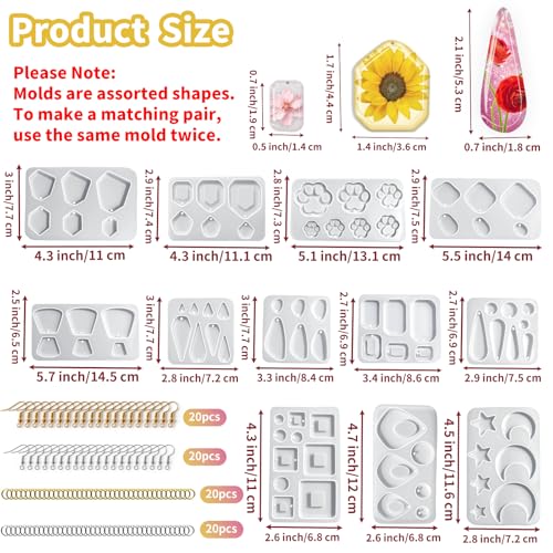 92 Pcs 12 Pack Resin Jewelry Making Kit, Silicone Earring Molds with Gold & Silver Hooks & Jump Rings, Flexible Non-Stick Molds for Epoxy Resin Casting, DIY Craft