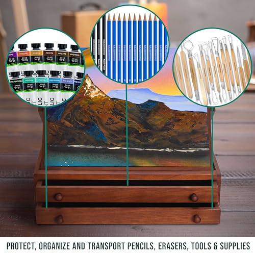 U.S. Art Supply 2-Drawer Artist Tool Supply Box with Locking Clasps & Fold-Up Drawing Easel - Walnut Color Art Box for Artist Supplies, Brushes, Pencils, Erasers, Tool Storage Organizer Case
