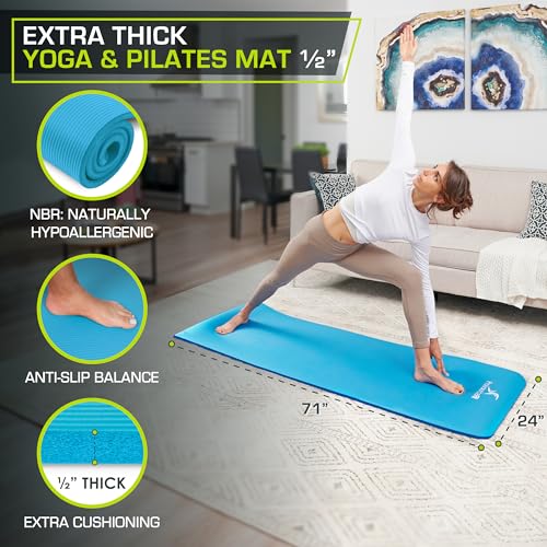 ProsourceFit Extra Thick Yoga and Pilates Mat 1/2” (13mm) or 1" (25mm), 71-inch Long High Density Exercise Mat with Comfort Foam and Carrying Strap - color: AQUA, size: 1/2"