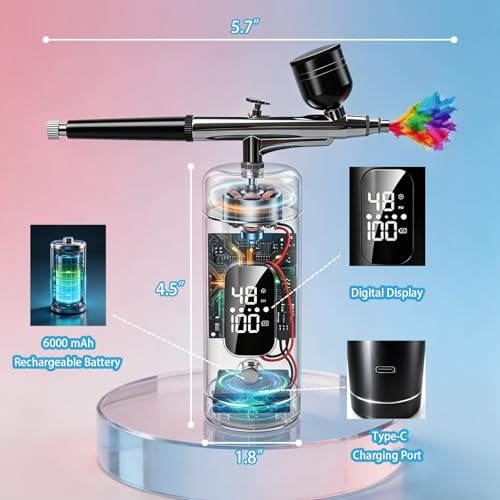 Cordless Airbrush Kit with Compressor,48 PSI High-Pressure, 6000mAh Rechargeable, 3-Speed Adjustable - 0.2/0.5 mm Nozzles & 3 Cups,Non-Clogging for Cake,Models, Makeup,Painting,Nails Art (Black)
