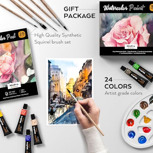Nicpro 24 Colors Watercolor Paint Set (12ml/0.4oz Tube) for Adults, Artist | Water Color Tube Set with 25 Watercolor Paper Book, 8 Squirrel Paint Brushes, , Palettes, Color Wheel, Art Painting Supplies - color: 24 Colors