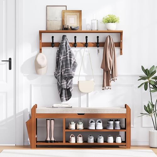 PETKABOO 39.4" Bamboo Shoe Rack Bench with Coat Rack, 3-Tier Entryway Bench with Thick Cushion, Flip-Top & Side Baskets, Holds Up to 550 LBS for Hallway, Living Room, Bedroom - color: 39.4" with Hook