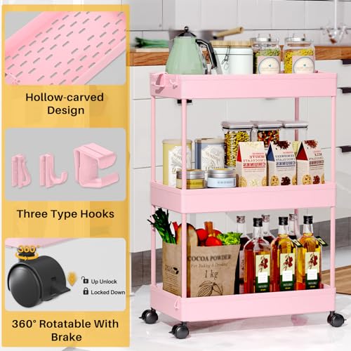 SPACEKEEPER 3 Tier Rolling Cart, Bathroom Cart Organizer with Wheels, Pink - color: Pink, size: 3 Tier