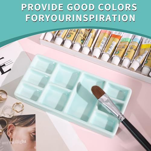 Porcelain Watercolor Palette - 10 Well Ceramic Artist Paint Palette with Mixing Tray for Painting and Craft Projects(Green) - color: Green