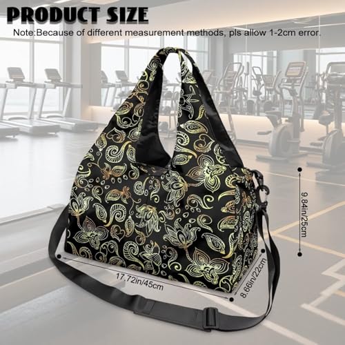 Yoga Gym Bag with Removable Adjustable Shoulder Strap, Shoe Compartment & Top Yoga Mat Holder 17.72x8.66x9.84in - color: Gold Paisley Flower Print
